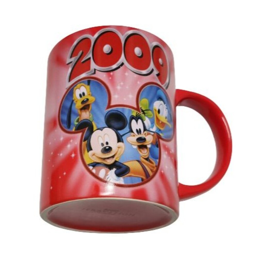 2009 Disney Coffee Mug Red Blue Yellow Jerry Leigh Cartoon Characters 3.5"x4.5"